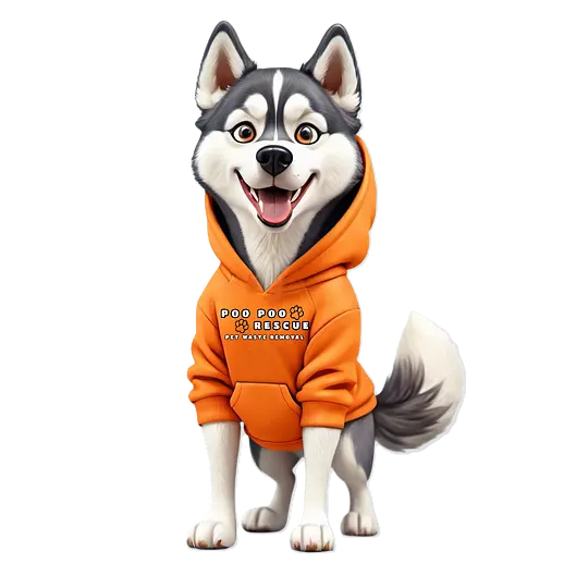 Poo Poo Rescue dog mascot wearing an orange hoodie for pet waste removal services