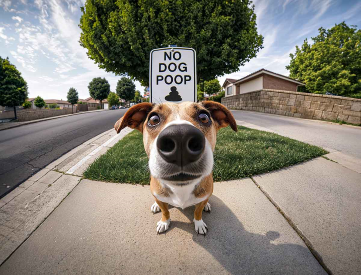 Dog standing near a no dog poop sign showing the need for pet waste cleanup services