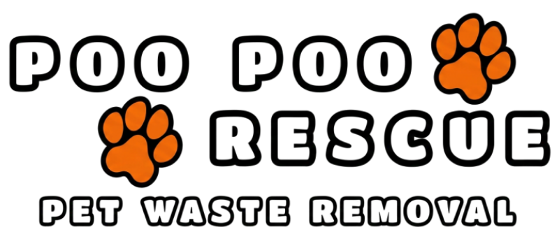 Poo Poo Rescue pet waste removal logo with orange paw prints