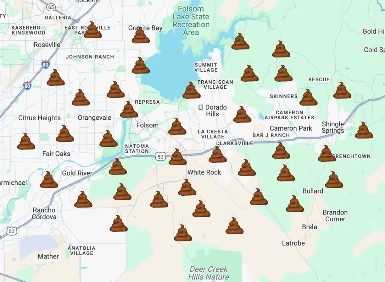 Pet waste removal service area map covering Folsom, El Dorado Hills, Fair Oaks, and nearby communities